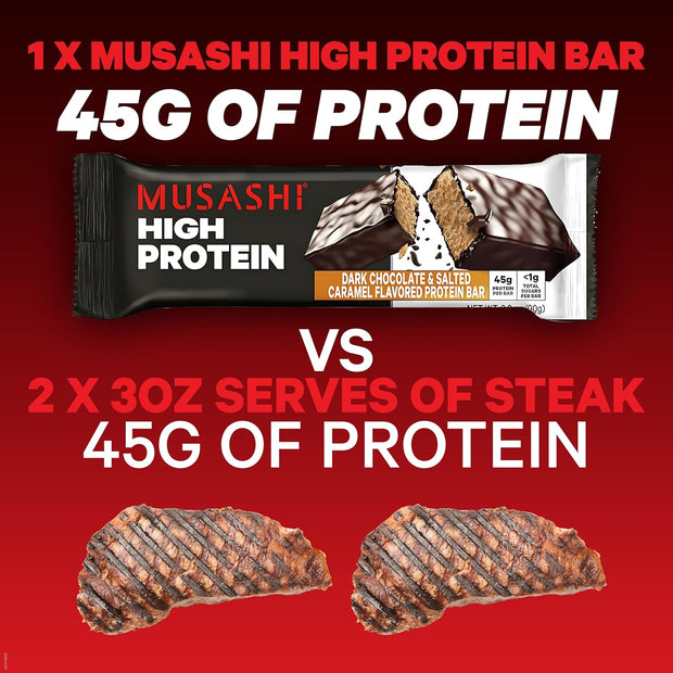 MUSASHI High Protein Bar, 45g Protein, <1g Total Sugars, Dark Chocolate & Salted Caramel, Post Workout and Protein Snack On The Go, 12 Pack of 3.2oz (90g) Bars