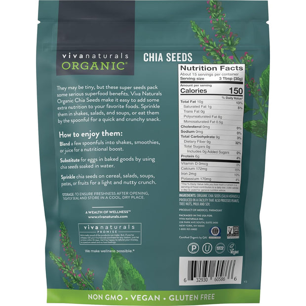 Viva Naturals Organic Chia Seeds 2 LBs - Plant-Based Omega-3 and Vegan Protein, Non-GMO Chia Seeds Organic Perfect for Smoothies, Salads and Chia Seed Pudding, Black Chia Seeds Bulk