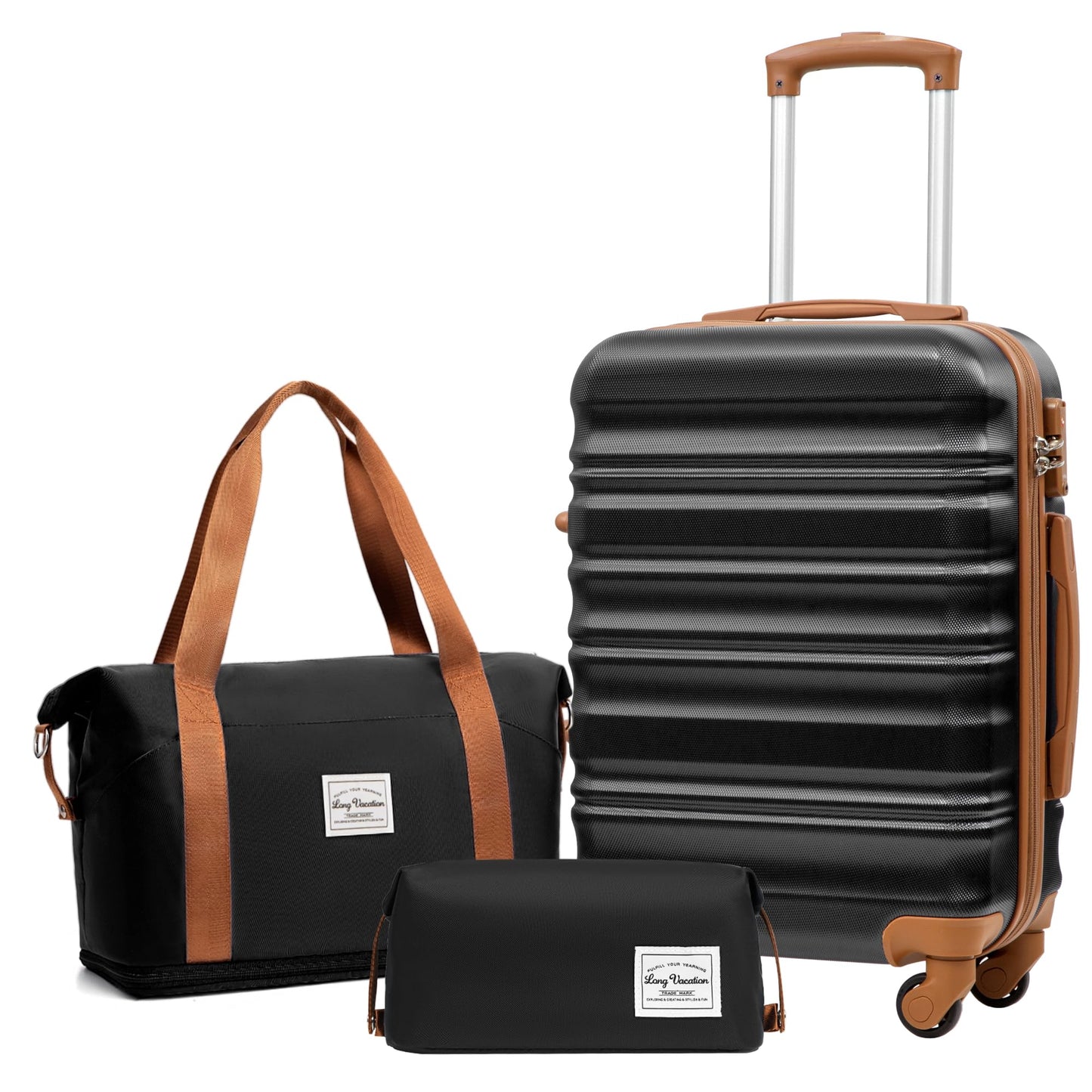 LONG VACATION 6 Piece Luggage Set Carry on Suitcase with ABS+PC hardshell, Spinner Wheels & YKK Zipper TSA Lock (WHITE-BROWN, 6 piece set)