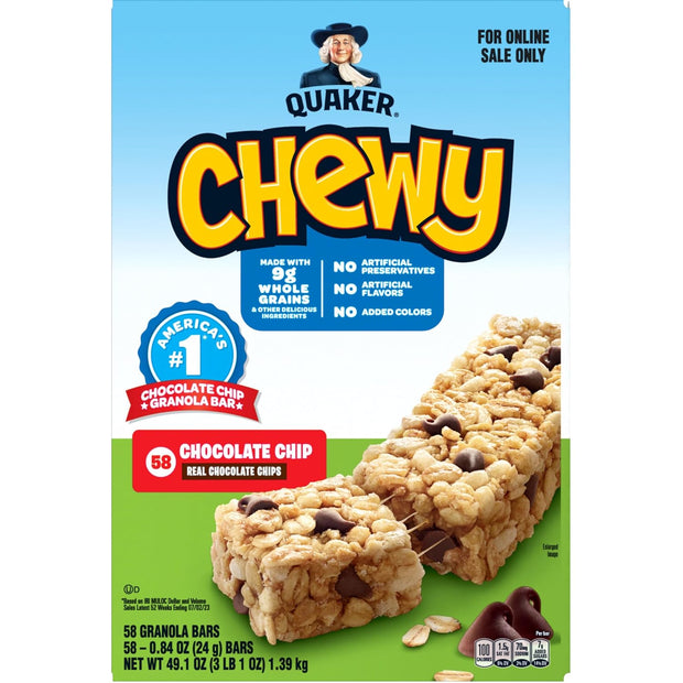 Quaker Chewy Granola Bars, Chocolate Chip, 58 Count - Packaging May Vary