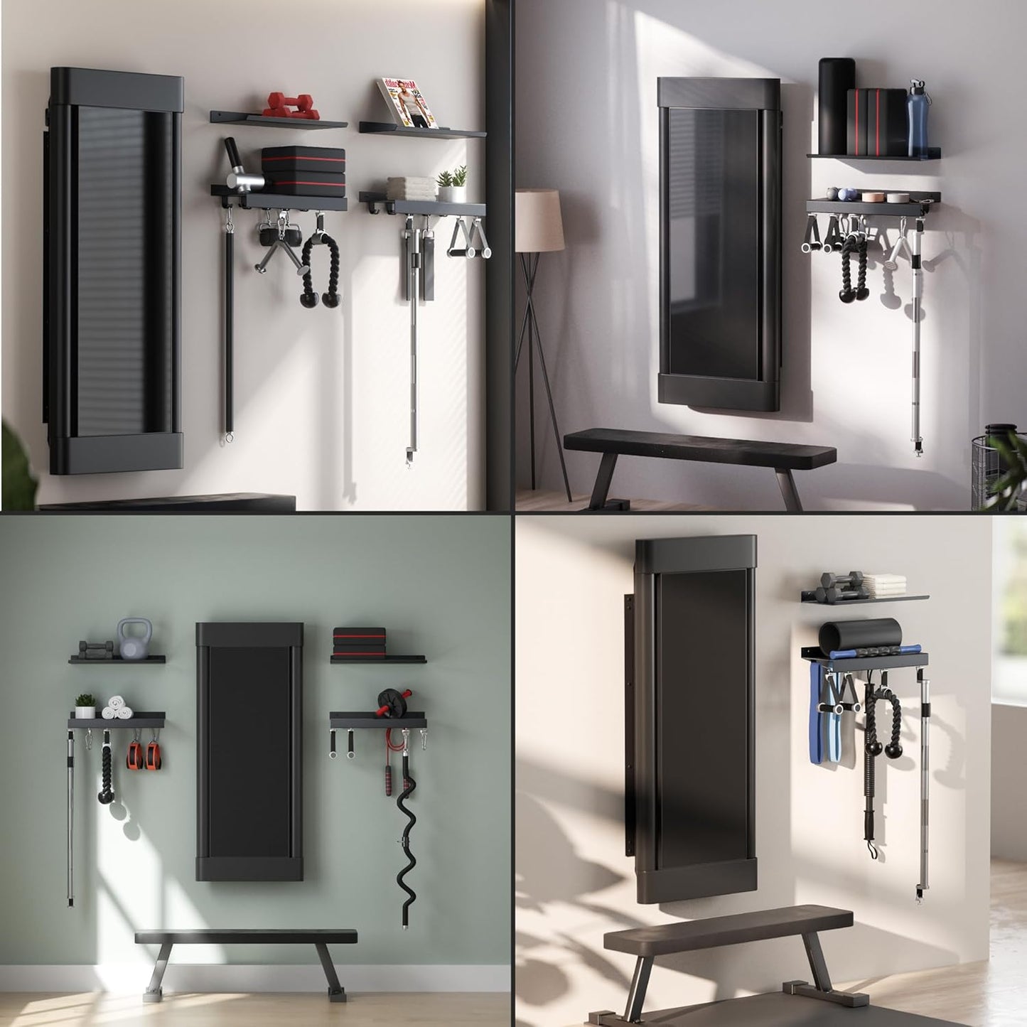 2-Tier Metal Shelf Compatible with Tonal Accessories, Floating Shelf Organizer for Home Gym Storage, T-Locks Adapter Bracket Hanger, Gym Rack Wall Mounted with Hooks, Workout Storage Holder