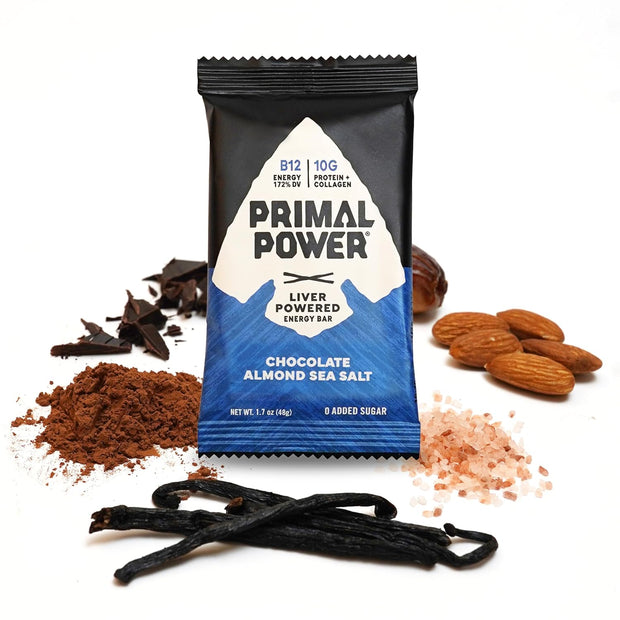 Primal Power Liver Powered Nutrition Bars - B12 Energy Boost, 10g Protein, Vitamins, Minerals, Collagen, Zero Added Sugar, Gluten Free - Pack of 12 (Chocolate Almond Sea Salt Flavor)
