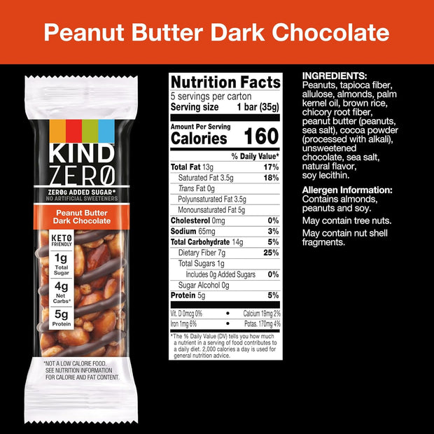 KIND ZERO Added Sugar Bars, Keto Snack, Peanut Butter Dark Chocolate, Good Source of Fiber, Gluten Free, Low Sugar, 5g Protein, 30 Count