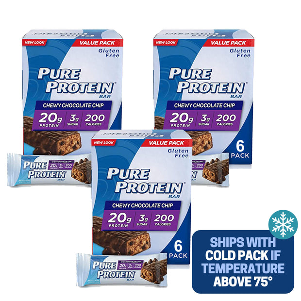 Pure Protein Bars, Chewy Chocolate Chip, Chocolate Deluxe, Chocolate Peanut Butter - Box of 6-3 Boxes - 1 Box of each flavor