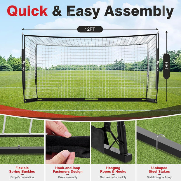 Portable Soccer Goal, Detachable 12x6 FT Soccer Goals Net for Backyard, Quick Setup Training Equipment with 1 Carry Bag, 1 Football, 12 Training Cones
