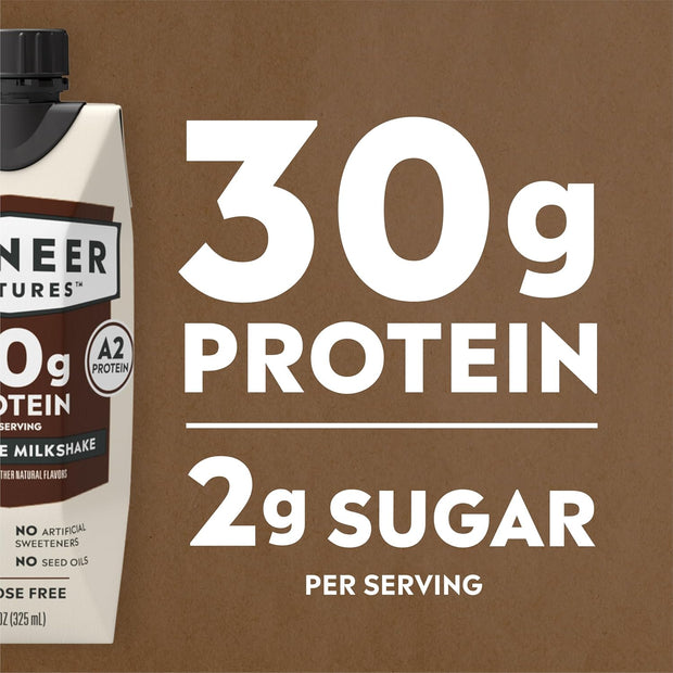 Pioneer Pastures - High Protein A2 Milkshakes - Chocolate - A2 Nutritional Milk, 30g Protein, 2g Sugar, No Artificial Sweeteners, No Seed Oils - All-Natural, Breakfast Shake, Meal Replacement, Workout - 11oz, 12 Pack