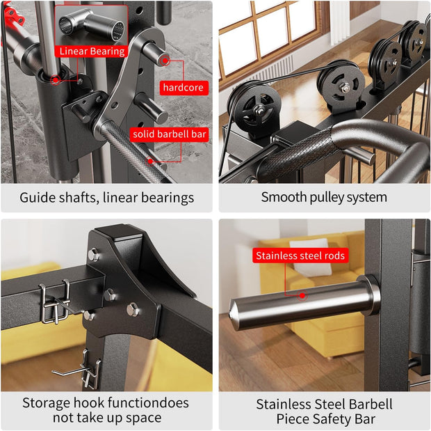 Smith Machine with Cable Crossover System, Multi-Function Squat Rack Power Cage for Home Gym, Power Rack and Packages Weight Sets