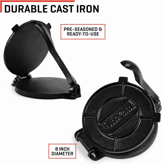Uno Casa Cast Iron Tortilla Press 8 Inch - Tortilla Maker Press, Pre-Seasoned Roti Maker with 100 Pcs Parchment Paper - Heavy Duty Quesadilla Maker for Homemade Flatbreads, Rotis, Empanadas