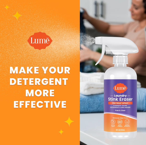 Lume Laundry Stink Eraser - Pretreat Spray & Laundry Brush - Eliminates Body Odor In Clothes - Odor Blasting Enzyme Blend - Makes Your Detergent Work Better - Free And Clear - 16 fluid ounces