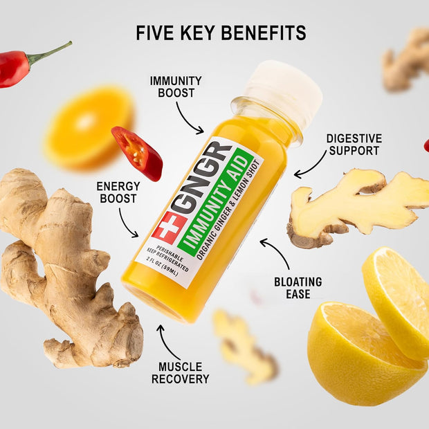 +GNGR Immunity Booster Organic Ginger and Turmeric Shot - Cold Pressed Ginger Shots with Turmeric, Cayenne Pepper, Orange, Lemon for All Natural Immune & Digestive Support (2 Oz, Pack of 12)