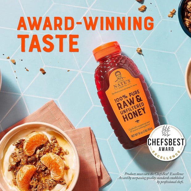 Nate's 100% Pure, Raw & Unfiltered Honey - Award-Winning Taste, 16oz.Squeeze Bottle (6-Pack)