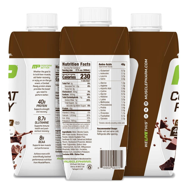 MusclePharm Combat Ready High Protein Shakes Ready to Drink, 40g Protein, 8g BCAAs, 8.7g Glutamine, 5g Fiber, No Added Sugar, Gluten Free, Chocolate Fudge, 17 Fl Oz (Pack of 12)