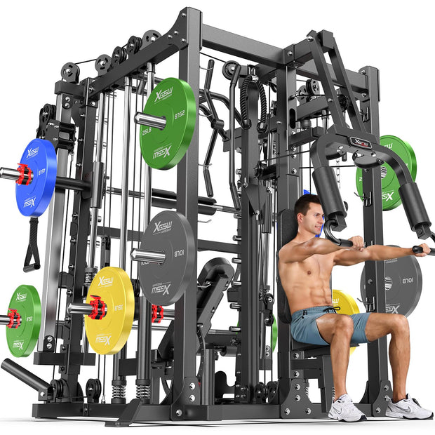 Smith Machine with Cable Crossover System, Multi-Function Squat Rack Power Cage for Home Gym, Power Rack and Packages Weight Sets