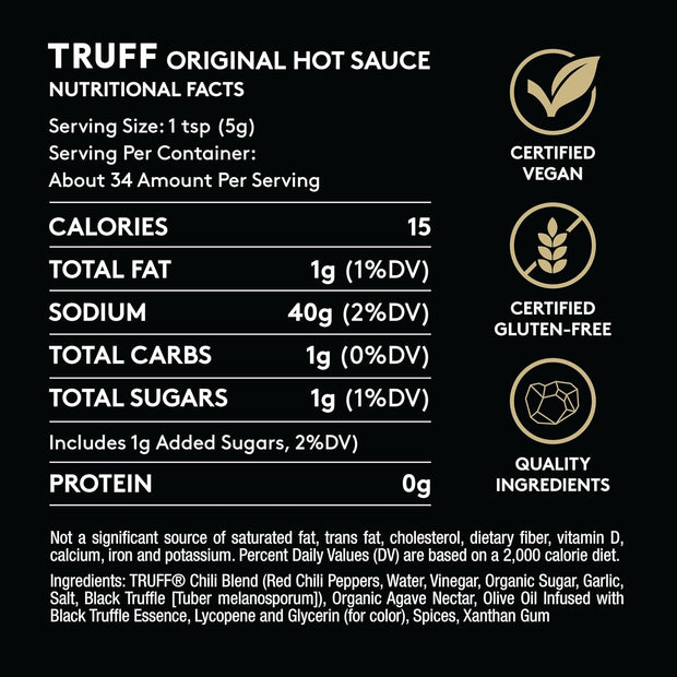 TRUFF Original Black Truffle Hot Sauce, Gourmet Hot Sauce with Ripe Chili Peppers, Black Truffle Oil, Agave Nectar, Unique Flavor Experience in a Bottle, 6 oz.
