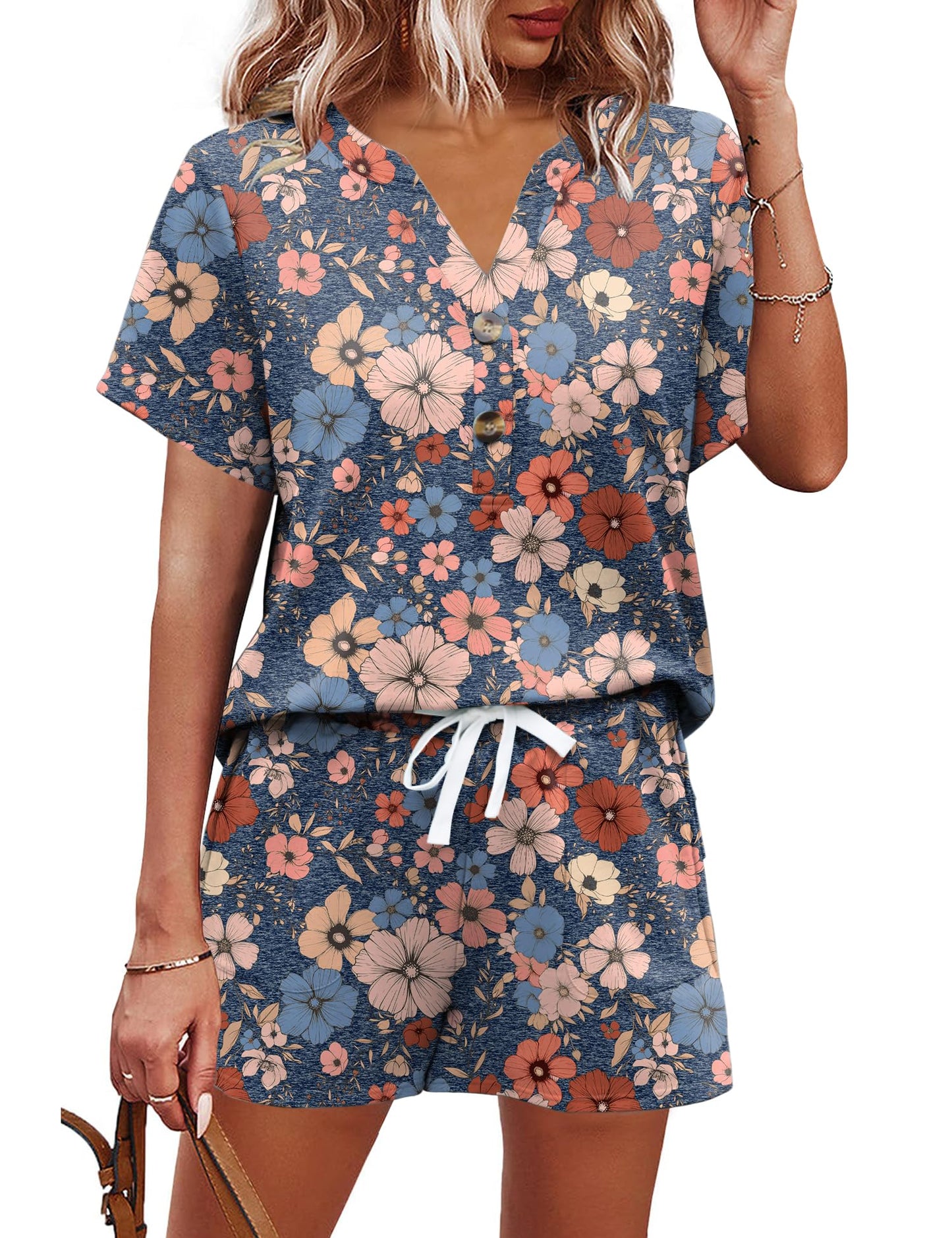 AKEWEI Womens Two Piece Outfits Summer Lounge Sets Tracksuit V Neck Buttons Down Tops and Shorts Set with Pockets