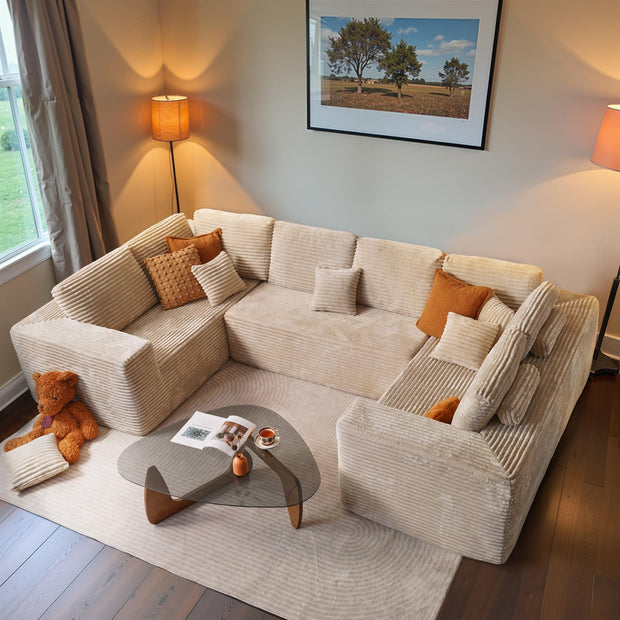 ovios Sectional Cloud Couch for Living Room, Modular Floor Sofa with Plush Corduroy, No Assembly Required, Big Comfy Couches Set with Fluffy Memory Foam, Stupendous U Shaped Sofas with Chaise, Brown