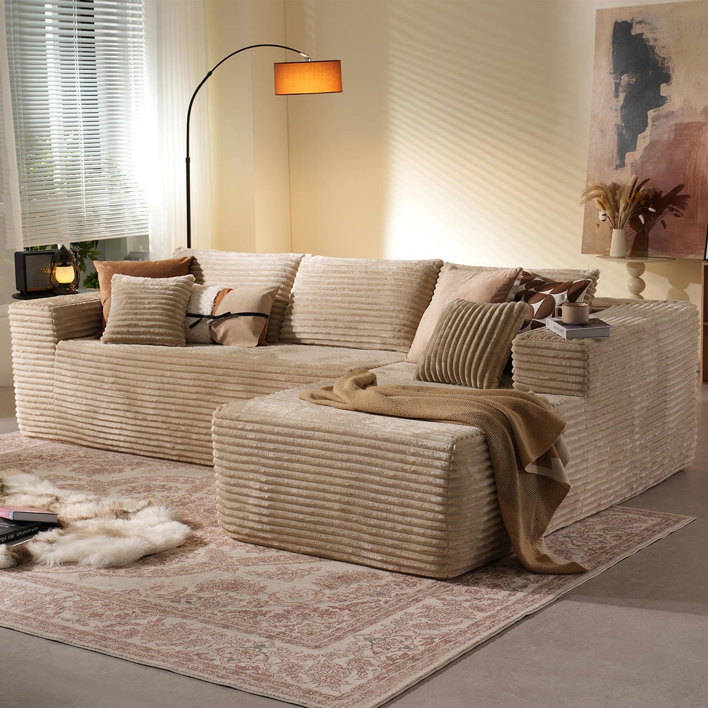 114" Boneless Couches for Living Room, Brown Faux Leather Cloud Sectional Couches with Chaise, Deep Seat L Shaped Modular Sofa, No Assembly Required Sofas in a Box (Right,Faux Leather,Brown)