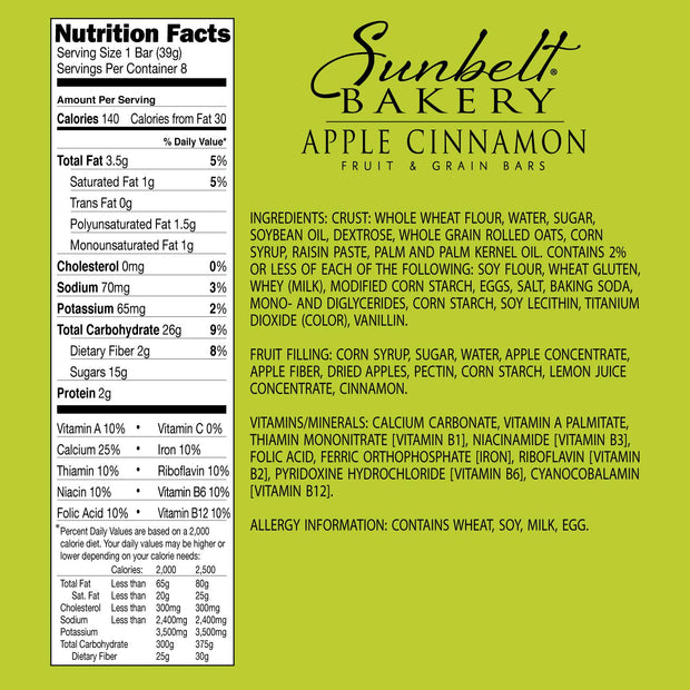 Sunbelt Bakery's Apple Cinnamon Fruit & Grain Bars, 1.4 oz Bars, 96 Count