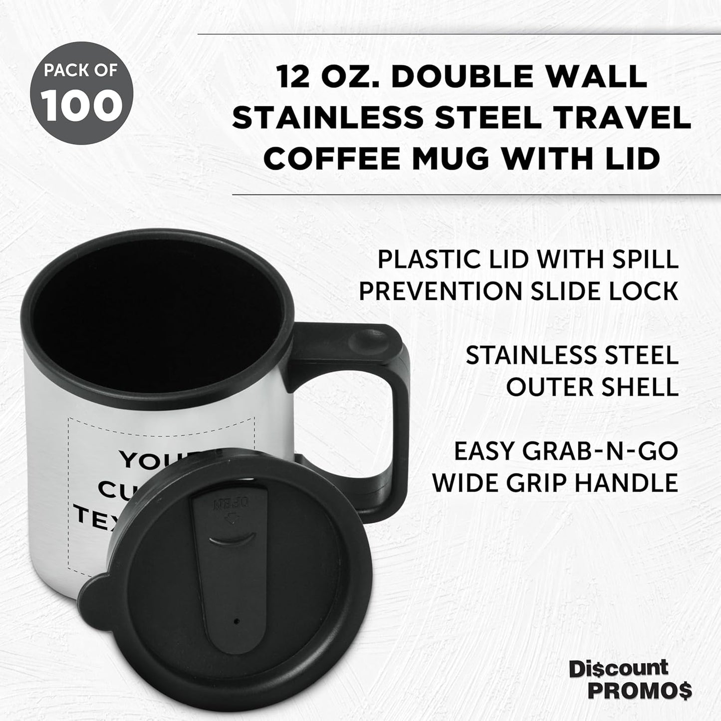 DISCOUNT PROMOS Custom Stainless Steel Travel Mugs with Handle 12 oz. Set of 100, Personalized Bulk Pack - Perfect for Coffee, Soda, Other Hot & Cold Beverages - Stainless Steel