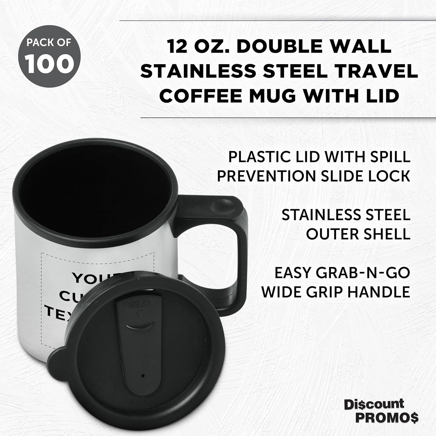 DISCOUNT PROMOS Custom Stainless Steel Travel Mugs with Handle 12 oz. Set of 100, Personalized Bulk Pack - Perfect for Coffee, Soda, Other Hot & Cold Beverages - Stainless Steel