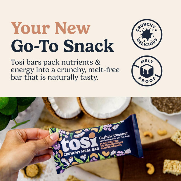 Tosi Meal Nut Bars, Cashew Coconut, Healthy Snacks for Adults & Kids, Crunchy Plant Based Protein Bar (14G), Keto Snacks, Vegan, Gluten & Soy Free, Low Sugar, Omega 3s, 2.4oz, 12-Pack