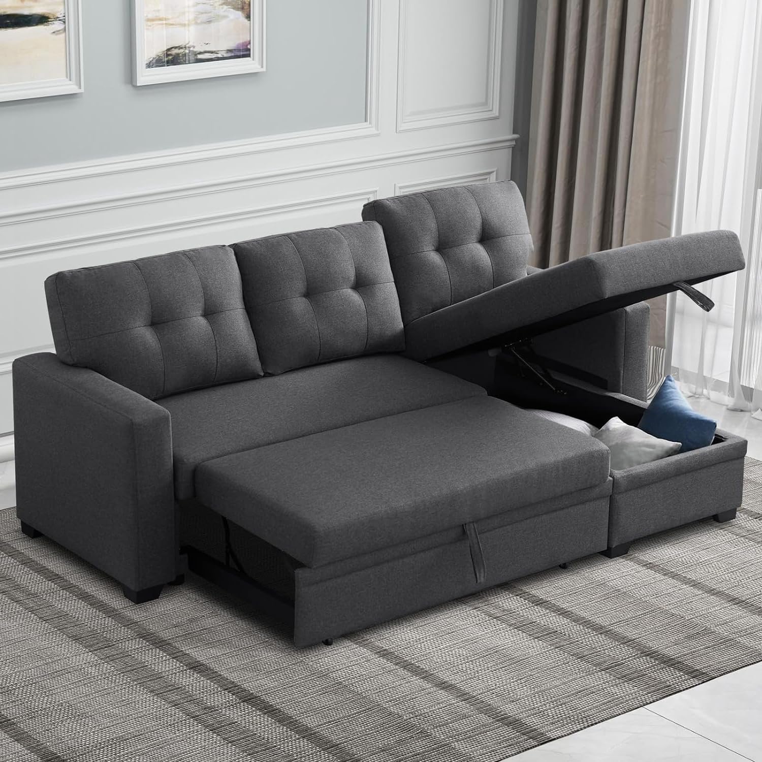Reversible Sectional Sofa Couch, Sleeper Sofa Bed with Storage Chaise Pull Out Couch for Living Room | Hidden Stroge | Pull Out Bed | Removable Backrest | Linen Fabric, Beige