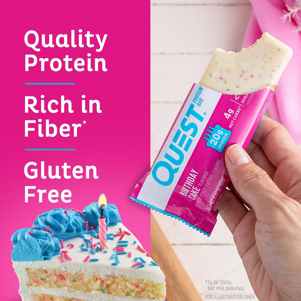 Quest Nutrition Birthday Cake Protein Bars, 20g Protein, 4g net Carbs, 1g Sugar, Gluten Free, Keto Friendly, 4 Count