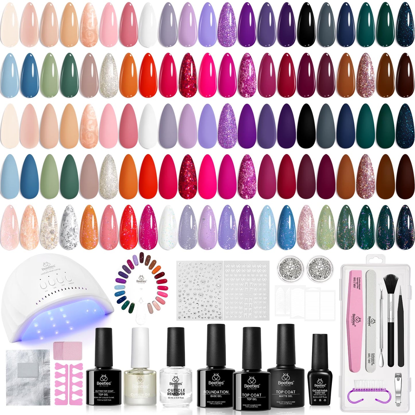 Beetles Gel Nail Polish Set,119 PCS 100 Colors Gel Polish Kit Base Glossy Matte Glitter Top Coat Neon Glitter Pearl Cat Eye White Red Pink Nude Nails Gift for Women Beetles Infinite Styles 100 Colors