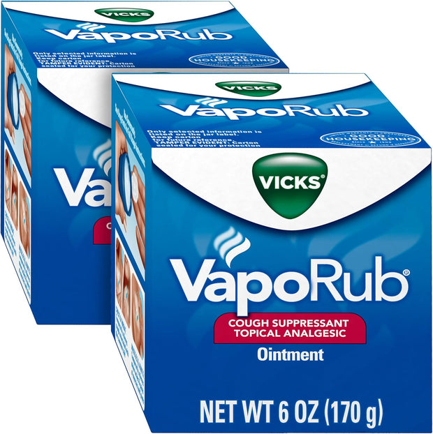 Vicks VapoRub, Original, Cough Suppressant, Topical Chest Rub & Analgesic Ointment, Medicated Vicks Vapors, Relief from Cough Due to Cold, Aches & Pains, 6oz (2 Count)