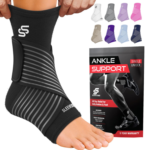Sleeve Stars Ankle Brace for Women & Men, Ankle Wrap for Sprain, Compression Sleeve for Plantar Fasciitis Relief, Easy Customizable Support: w/ Removable Strap (Single/M:10"-12"/Black)