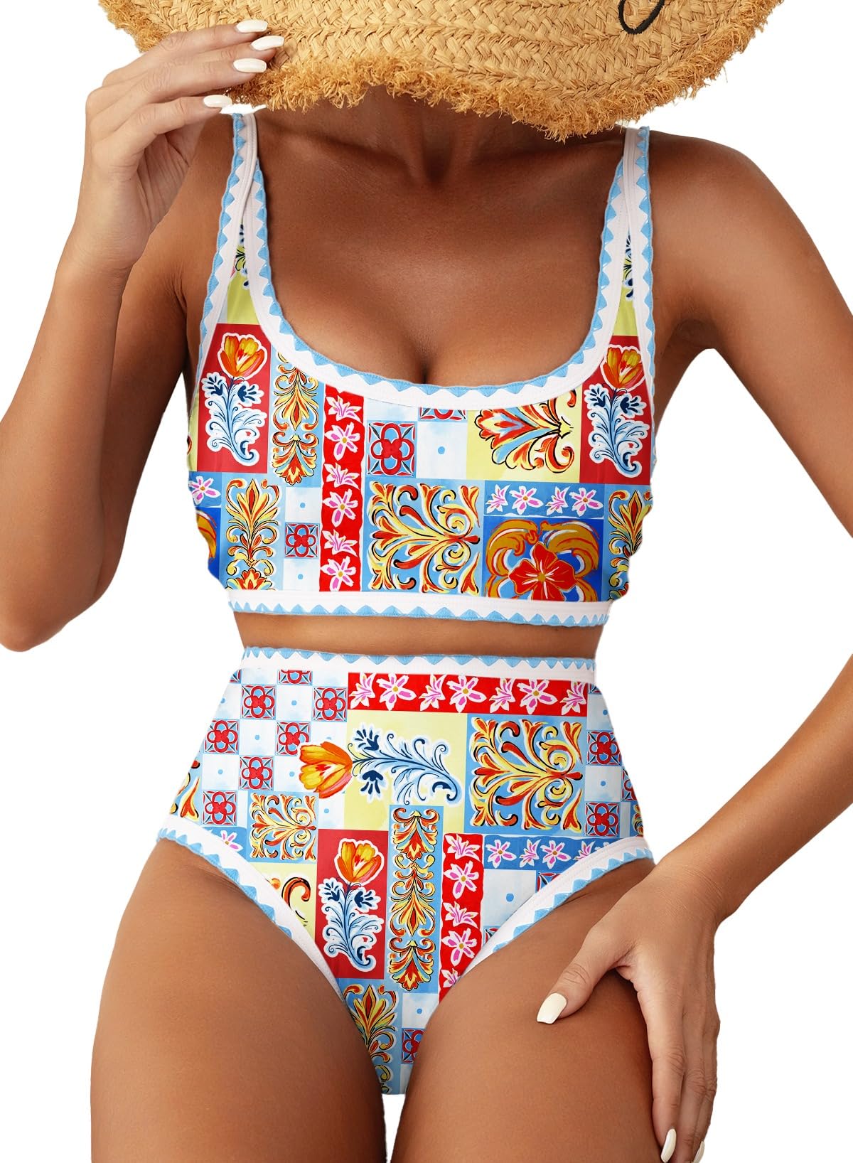 Herseas Women's Bikini Sets Floral Print Whip Stitch 2 Piece Swimsuits High Waisted Scoop Bathing Suits
