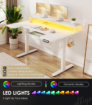 U Shaped Electric Standing Desk with Keyboard Tray, 55 Inch Height Adjustable Desk with Power Outlets & LED Lights, Sit Stand Table with Monitor Stand for Home, Office, White