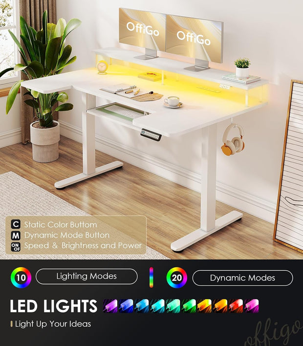 U Shaped Electric Standing Desk with Keyboard Tray, 55 Inch Height Adjustable Desk with Power Outlets & LED Lights, Sit Stand Table with Monitor Stand for Home, Office, White