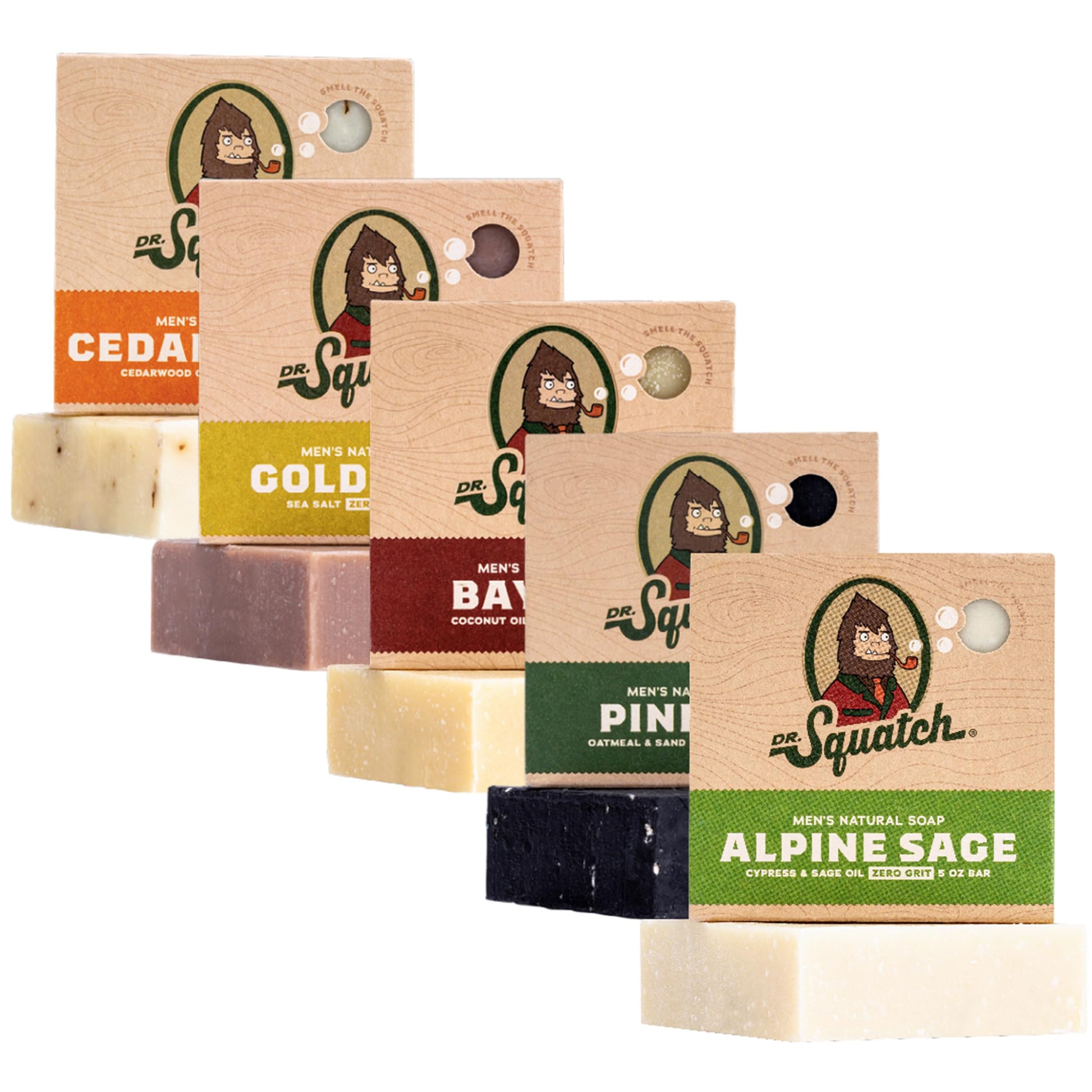 Dr. Squatch Natural Bar Soap for Men Variety Gift Set - Cold Process Soap No Harsh Chemicals - Rainforest Rapids, Coconut Castaway, Fresh Falls, Summer Citrus & Eucalyptus Greek Yogurt (5 oz, 5-Pack)