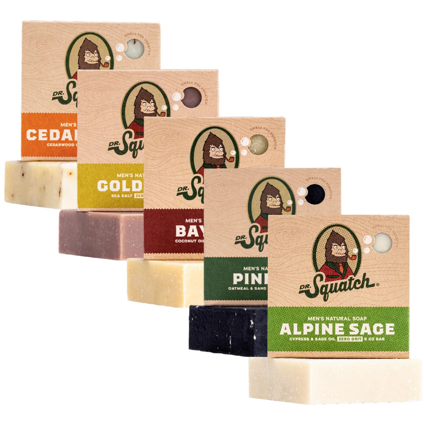 Dr. Squatch Natural Bar Soap for Men - Cold Process Soap with No Harsh Chemicals - Coconut Castaway, Wood Barrel Bourbon, Fresh Falls, Birchwood Breeze & Gold Moss (5 oz, 5-Pack)