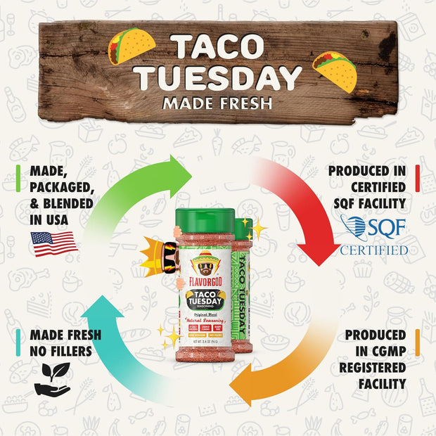 Taco Tuesday Seasoning Mix by Flavor God - Premium All Natural & Healthy Spice Blend for Grilling Chicken, Beef, Seafood, Vegetables, Salad, Ravioli, Pizza, & Pasta - Kosher, Gluten-Free, Dairy-Free, Vegan, Keto Friendly