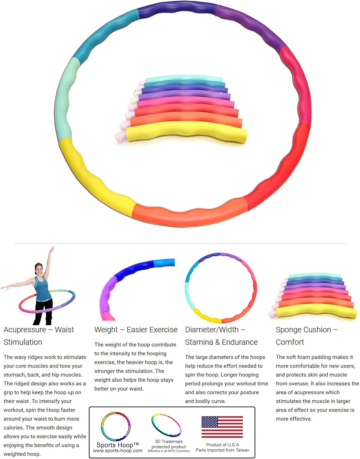Weighted Hula Hoop, ACU Hoop 3L - 3.3 lb Large, Weight Loss Fitness Workout Sports Hoop with ridges. (Rainbow Colors)