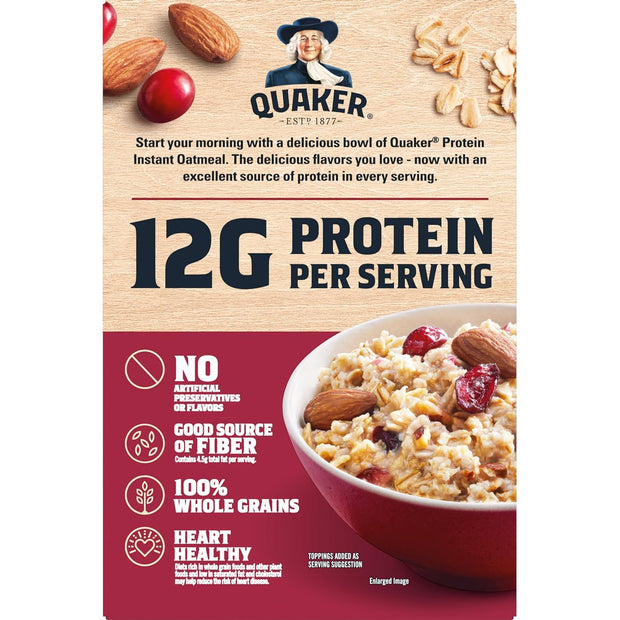 Quaker Protein Instant Oatmeal, Cranberry Almond, 12g Protein per Serving, Whole Grains, No Artificial Flavors, No Added Colors, 2.18 oz Packets, (6 Pack)