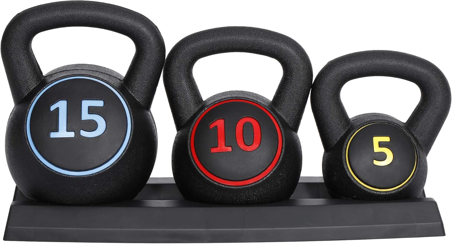 ZENY 3-Piece Kettlebell Set with Storage Rack Heavy Duty Concrete 5 lb 10 lb 15 lb Kettle Bells for Weightlifting, 30 lb Kettlebell Strength Training Kettlebells, Home Gym Equipment
