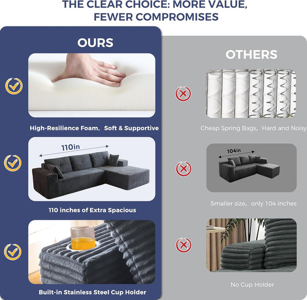 MAXYOYO 110" Modular Sectional Couch with L-Shape Chaise, Modern Boneless Couch for Living Room, Sofa in A Box, Oversized Sofa Sleeper with Deep Seat, No Assembly Required, Dark Grey