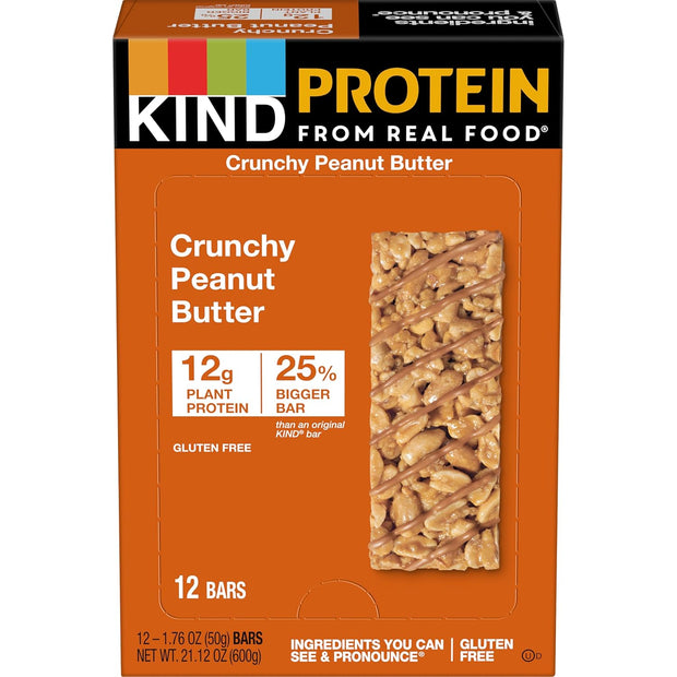 KIND Protein Snack Bar, Crunchy Peanut Butter, Healthy Snacks, Gluten Free, 12g Plant Protein, 12 Count