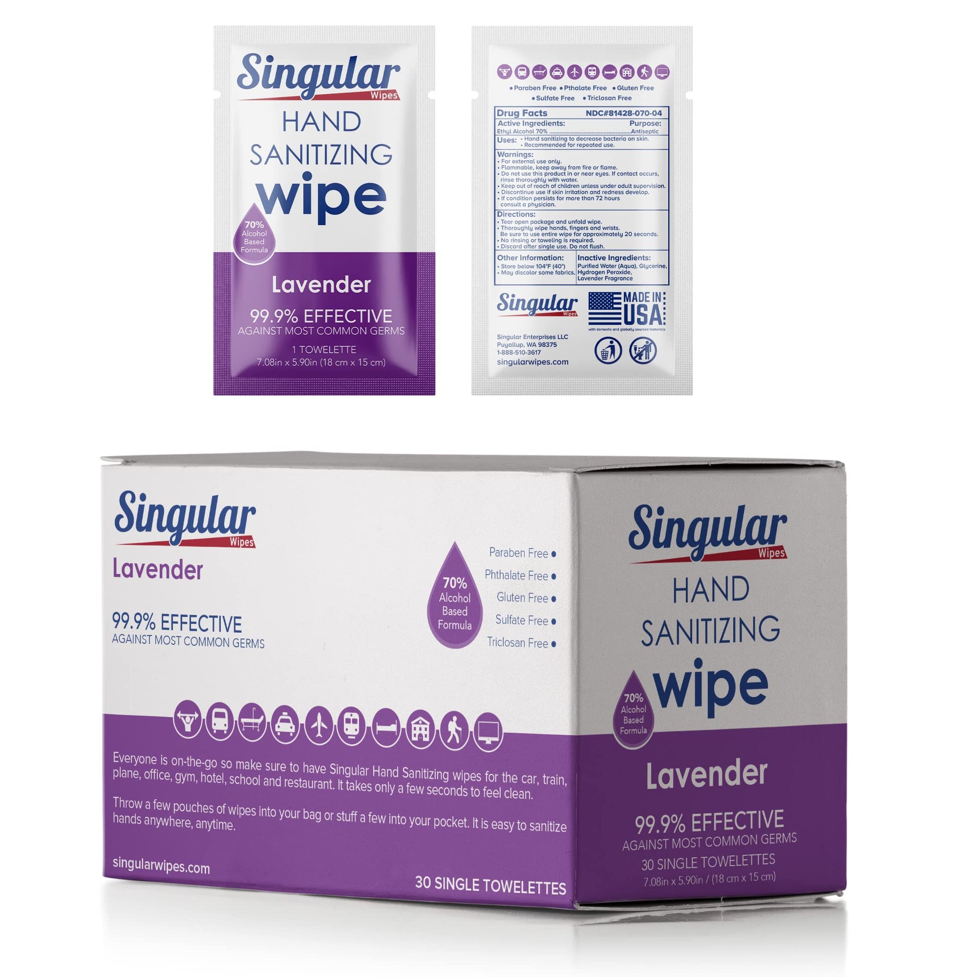 Hand Sanitizing Wipes Travel Size by Singular Wipes – 24ct bag, Individually Wrapped | Fresh Citrus Scent, Moisturizing, 70% Alcohol Wipes | Travel, Office, School, Home | Made in USA