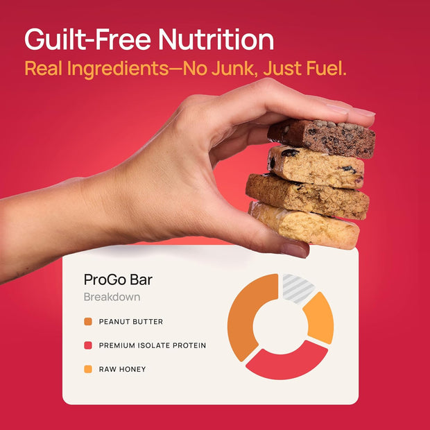 ProGo Protein Bars, Low Sugar, High Protein Snacks (Up to 21g) - 95% Pure Isolate for Faster Muscle Growth & Recovery, Low Calorie, Sweetened w/Peanut Butter & Raw Honey (4-Count, Starter Pack)