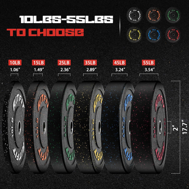 RitFit Bumper Plates, Colored Fleck-Rubber Weight Plates with Steel Insert, 2-inch Olympic Weight Plates for Weight Lifting and Strength Training, 370LB set
