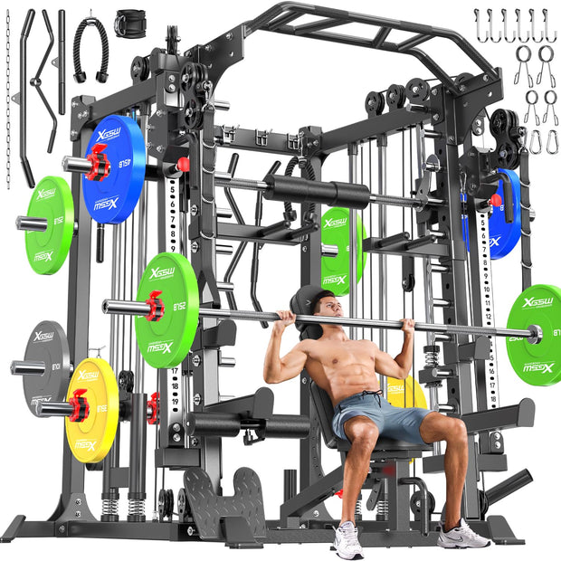 Smith Machine with Cable Crossover System, Multi-Function Squat Rack Power Cage for Home Gym, Power Rack and Packages Weight Sets