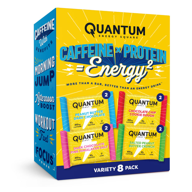 Quantum Energy Square: Energy Bar with Caffeine & 10g Protein. Delicious Healthy Snack On The Go. (Vegan, Gluten-free, Soy-free, Dairy-free) (Variety 12-Pack)