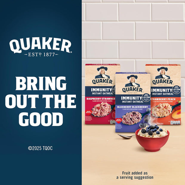 Quaker Immunity Instant Oatmeal, Blueberry Blackberry, Good Source of Vitamins C, D, & Zinc, Whole Grains, No Artificial Flavors, No Colors from Artificial Sources, 1.41 oz Packets, (6 Pack)
