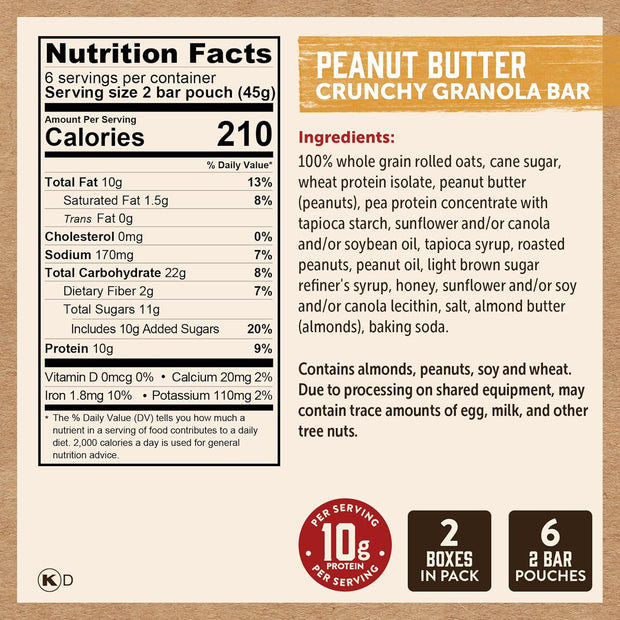 Kodiak Cakes Crunchy Granola Bar Variety Pack - Peanut Butter (2 boxes) and Chocolate Chip (2 boxes) High Protein Granola Bar Snack - 100% Whole Grain Granola Bars Bulk - (24) Total Pouches