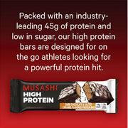 MUSASHI High Protein Bar, 45g Protein, <1g Total Sugars, Dark Chocolate & Salted Caramel, Post Workout and Protein Snack On The Go, 12 Pack of 3.2oz (90g) Bars