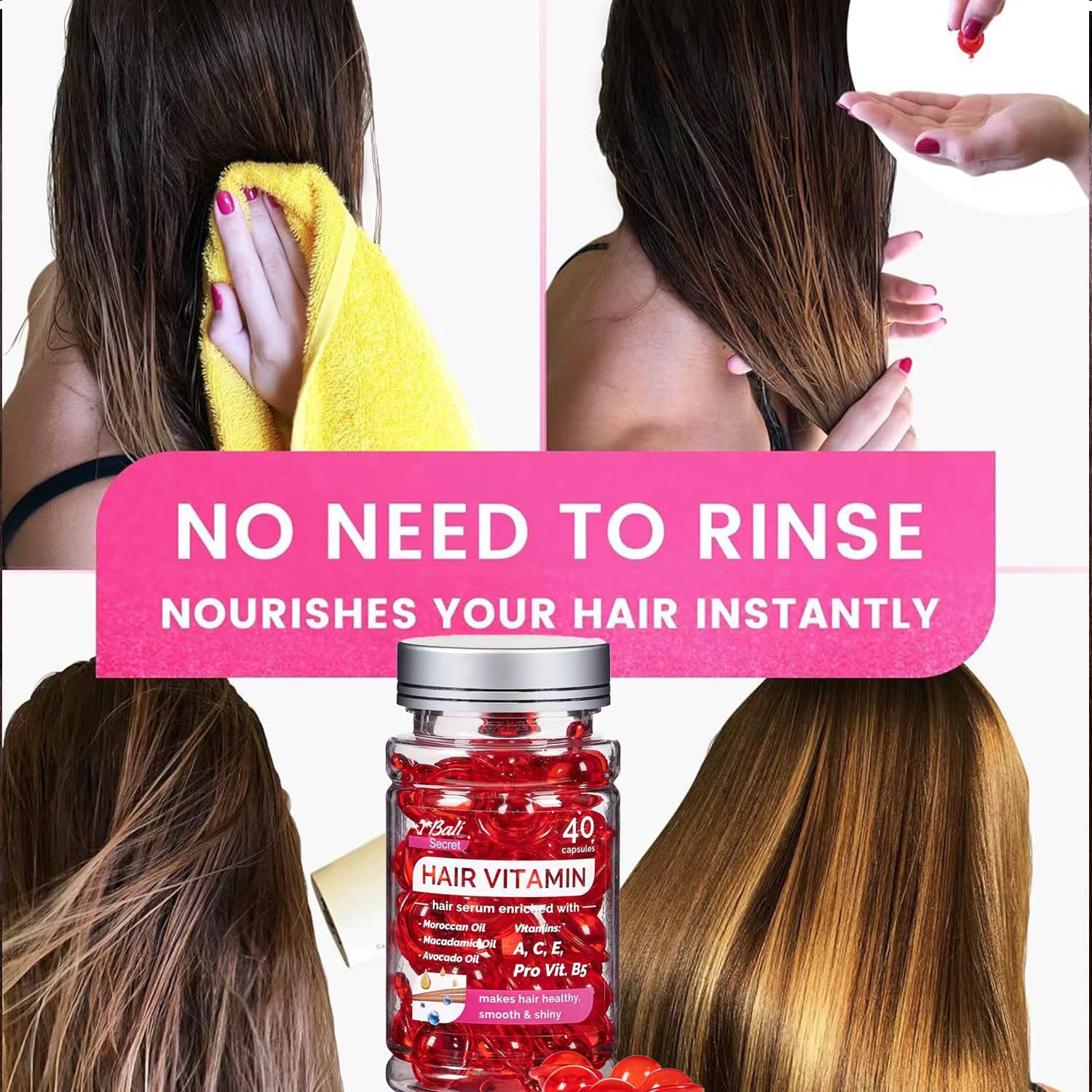 Hussell Hair Treatment Serum Bali Secret - 40 Hair Care Capsules - No Rinse - With Argan Macadamia & Avocado Oils - Vitamins A, E, & Pro B5 - Conditioner for Women & Men